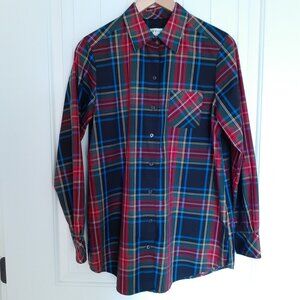 Orvis Cotton Blend Long Sleeve Plaid Button Up Shirt Red Black Blue Size 10